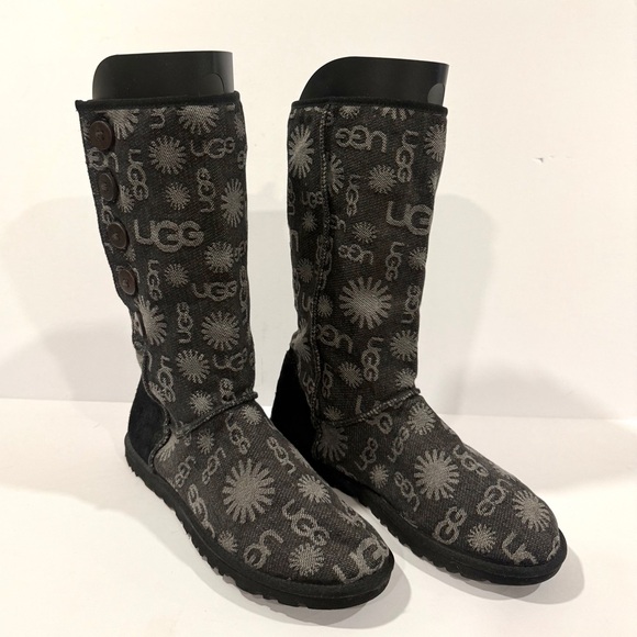 UGG Shoes - UGG Australia Tall Logo Knit Button Boots Women’s 8 Black Gray Shearling